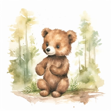 little baby, brown bear,neutral nursery art,cute bear, baby clothes, cotton clothes,intricate,disney, baby light green,baby light blue, baby light ocher,hairy, cotton, beautiful trees,enchanted Forest,realism, watercolor painting, enchanted Forest, solid background, white background, vintage outfit, oil painting, photobashing, tattoo design,clipart--v 5