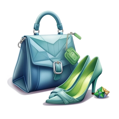 colorful mix light blue green woman bag, blue shoes, clipart style, fashion accessories bag, procreate illustration, on white background, hyper detailed, high resolution, illustration