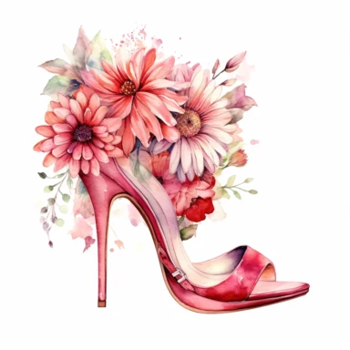 watercolor clipart of vintage pink high heel shoes, floral, color pencil drawing, nice composition, vector, outline, isolated white background, 16k