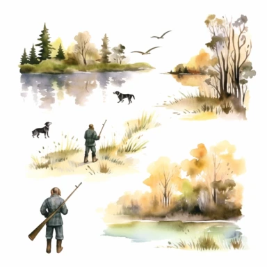 watercolor hunting scene in forest or fields with lake in vicinity on white background with setter and pointer dogs in pointing stand , illustrations clipart set, simple, , cartoon elements ,different variants , natural elements, separate elements with a
