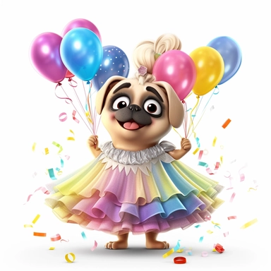 cute anthropomorphic pug dog girl dressed in a cenderella dress celebrating birthday, many streamers and balloons behind her, unreal engine, octane render, in style of tom mcgrath, white background, clip art,