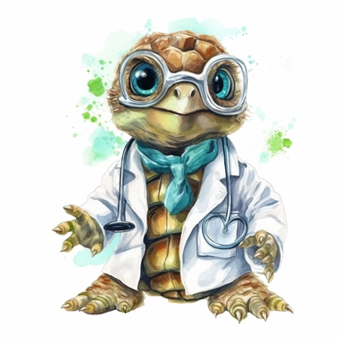 watercolor clipart, vey cute turtle, wearing a stethoscope and a white coat, working as a veterinarian, watercolor style, realistic, bright colors, 300 dpi, 8k, white and clear background, high solution