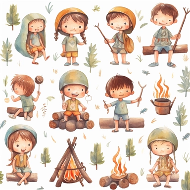 cute kawaii set of 70s retro seamless isolated clipart with hippie boys, dream catcher, watercolor, bonfire, boy and girl sitting by the fire and roasting sausages on a stick