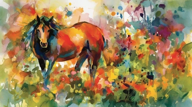 A vibrant watercolor of a single horse rendered as a digital clipart, drawing inspiration from the bold, expressive blooms found in Emil Nolde's garden paintings, featuring a vivid color palette that captures the flowers' natural radiance, illuminated by bright, contrasting light that emphasizes the rich, saturated hues and dynamic brushwork, and composed using an organic, free-flowing layout that conveys a sense of movement and growth.