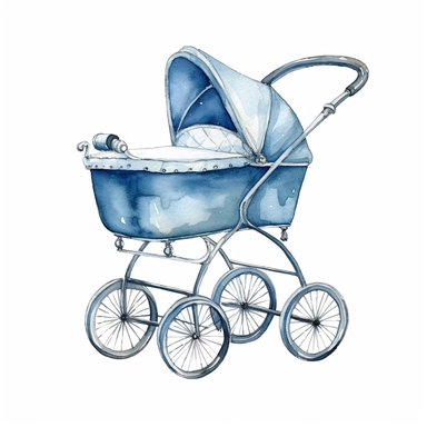 clipart kawaii blue baby carriage, watercolor, simple, white background