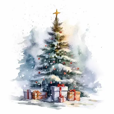 detailed watercolor clipart, photography style, beautiful decorative christmas tree, With presents, in a meadow, HDR, winter snow,self shadow, white background