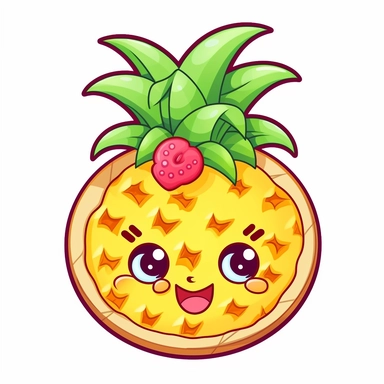 delicious rings of glisening pineapple on a large hawaiian pizza, kawaii cartoon style, clip art