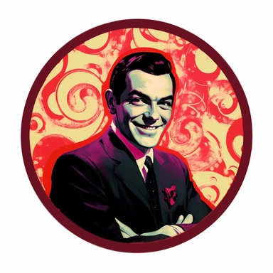 slick sinister devilish wicked charming Hollywood agent, Josh Kirby, handpainted enamel punk zine indie retrowave film poster, clipart illustration full body character art, circular solid background, circular border