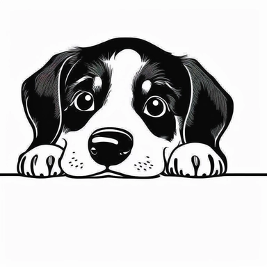 simple monochrome outline of a front facing Greater Swiss Mountain Dog puppy head peeking with front paws, cute, clipart, flat 2d vector, minimalist, black and white, svg cut file, line art drawing