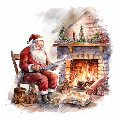 Clipart on White Backgraund Traditional Red Santa Claus Checking note by the fireplace near big Christmas tree Water color