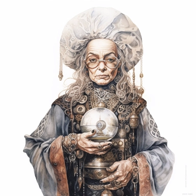 hyper-realistic watercolor portrait of a steampunk Fortune-Teller: A mysterious seer dressed in flowing robes with intricate clockwork patterns. They peer into crystal balls and read the future using steam-powered divination devices. white background, clear outlines, clipart