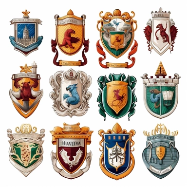 clip art of the house crests from harry potter, cartoon style, white background