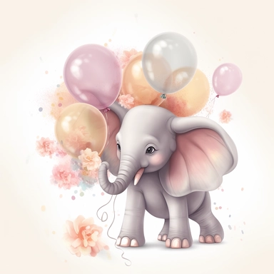 a detailed very colorful vector Clipart image sticker of a beautiful majestic magical floral smilling baby elephant and pastel pink balloons colors holding balloons with a white background, pastel light colors, fall colours, gold ropes, photorealistic, cinematic, Cinematic, Color Grading, Editorial Photography, Photography, Photoshoot, Shot on 70mm, Ultra-Wide Angle, Depth of Field, DOF, Tilt Blur, Shutter Speed 1/1000, F/22, Gamma, White Balance, Neon, Light, Dark, Light Mode, Dark Mode, High C