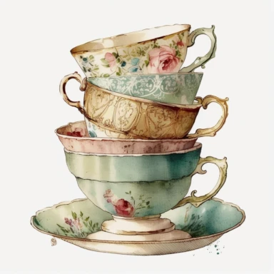 vintage old school tea cups stacked onto each other, watercolour clipart