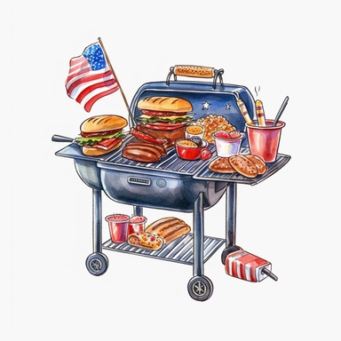 watercolor, 4th of July BBQ grill - Clip art of a BBQ grill with burgers, hot dogs, and other 4th of July cookout favorites. png Full body realistic cartoon in 32K UHD cute. 15 cm thick outline. Black color. There was no shadow on the ground. 8k with realistic watercolors and detailed illustrations. PNG clipart, transparent white background