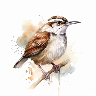 Carolina wren sharp illustration clipart, watercolor art, insane detail, white background