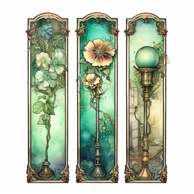 a page of watercolor flowers and street light card collections, set of 4 cliparts, in the style of steampunk-inspired designs, light emerald and beige, great contrast, altered and substituted canvases, art arrangement, photographic source, matte, insanely detailed and sharp, some splash with alcohol ink, nouveau réalisme