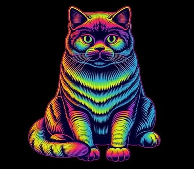 6 tattoo art style adorable cat Scottish fold, black defined outlines, high details, clipart, hd, isolated on black background, spaced out, vibrant rainbow colors