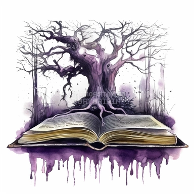 very detailed, hyper realistic, fantasy book watercolor clipart, single open book, dark purple dominant, scary dark forest and dead trees coming out of the book, mysterious theme, white background