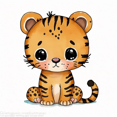 cute simple baby tiger doodle clipart style watercolor black dot as eyes
