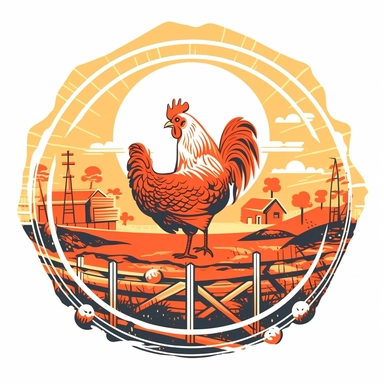 vector style clipart of a retro chicken fencing from a barnyard, circular, on a white background