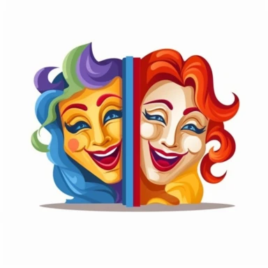 Comedy and tragedy masks looking young, looking like girls, happy style, school books, vector style graphic, positive vibe, clipart, single design, white background