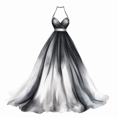 Watercolor black elegant party dress drawing, illustration clipart, high detailed, white background, digital art