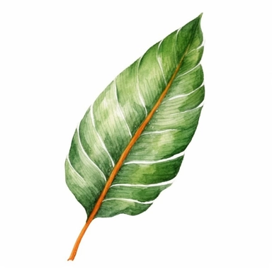 Orange with Green Tropical Linear Leaf in Watercolor hyper-realistic detailed illustrations, elegant water ink brush strokes techniques, delicate markings, monochromatic paintings, free brushwork, watercolor illustrations, painted illustrations Clipart, White Background Clipart, White Background