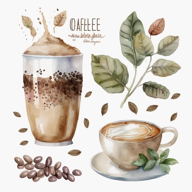 watercolor coffee beans and cafe latte clip art