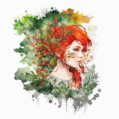 short red hair with bangs female forest fantasy druid watercolor clipart