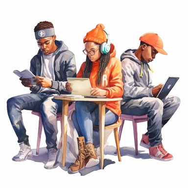 watercolor clip art image of a group of 3 black teenagers wearing hip-hop clothes having fun studying with books and laptops and phones sitting around a table