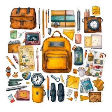 school things clipart, single design, textured color illustration for children book