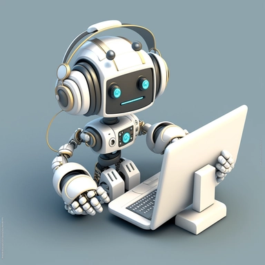 Friendly robot working as customer support service manager in headphones at the computer. Isometric, clipart, schematic, magento and white colours, professional, business graphics, highly detailed.