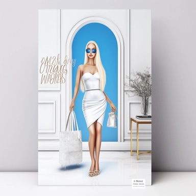 full view, clipart illustration, beautiful blonde lady posing dressed in white bodycon dress, standing in beautiful room with designer clothes on clothes rack and shopping bag, sharp focus, high detail, 8k, photo realistic, transparent background, (--iw 5)