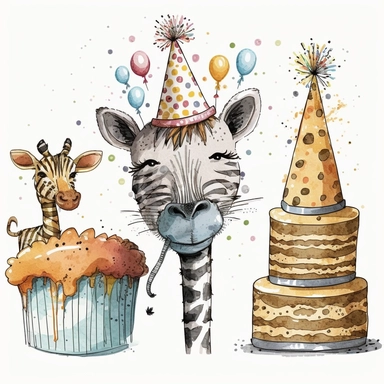 3 clipart set, with lion wearing birthday hat, zebra eating birthday cake, giraffe holding present, white background, illustration, drawing, doodle, aquarelle