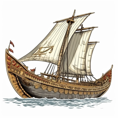 Subject: Ancient Egyptian Warship Medium: Clip Art Environment: White background Style: Realistic Intended Use: Printing on t-shirts, cups, stickers, etc. Description: Create a clip art image of a realistic ancient Egyptian warship. The warship should be depicted from a side view, showcasing its distinctive design and features. The ship should have a sleek and streamlined shape, with a long and narrow hull. It should feature multiple layers of oars on each side, indicating the propulsion method 