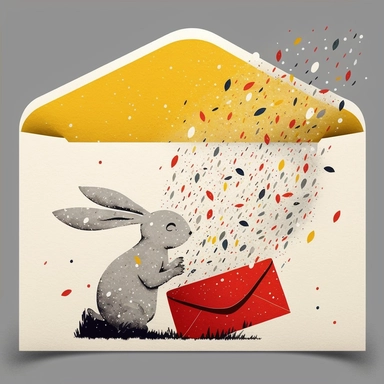 clipart, hand painted, watercolor, vectors, gray background, sharp focus, highly detailed, Rabbit, Chinese New Year, Bright Red, Celebration, Colorful Confetti behind, Cute, Cheerful, pixar style, Moon behind, yellow field of barley behind, dark red envelopes in the air,--vr 957:1278
