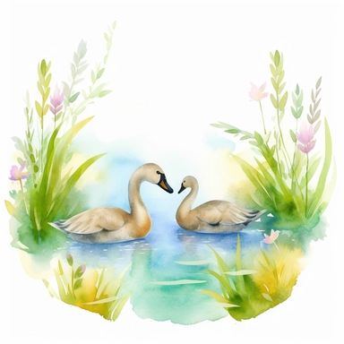 create an image of a pond with baby geese swimming on a white background, clipart, watercolor, 8k, vibrant