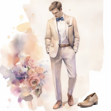 wedding watercolor graphics, subtle neutral pastel tones, sparklecore, embossed paper, Create a dashing wedding clipart featuring sleek and polished groom's shoes, exuding a sense of style and refinement, completing the groom's ensemble for a truly memorable wedding celebration, candid, multi-layered