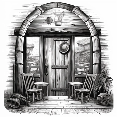 Generate a clipart-style artwork of a wild western saloon door. exaggerated shapes and proportions to create a fun and whimsical mood. Use shading and texture techniques to give the image depth and dimension. black and white, white background,
