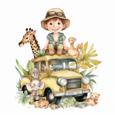 watercolor clipart,A super cute happy boy and safari animals, in a jungle jeep, illustration watercolor style, minimalistic, clipart, children's book illustration, hd, 16k, 4k ,isolated white background,single design, single object, watercolor illustration by mark ryden ,print on demand image, PNG transparent background, white background for removing background