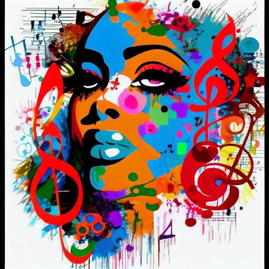 a painting of a woman's face surrounded by musical notes, by Zelma Blakely, shutterstock contest winner, funk art, clipart icon, creative commons attribution, eyecandy, mission arts environment, color splash, euphoria, memphis design, portrait of a young teenage girl, polyphonic bio - communications, beautiful avatar pictures, high colors compression, musical, gorgeous colors
