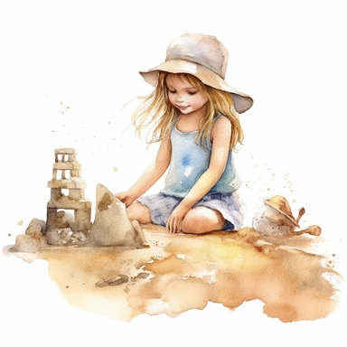 Cute little girl on the beach building sandcastles,summer watercolor clipart with white background