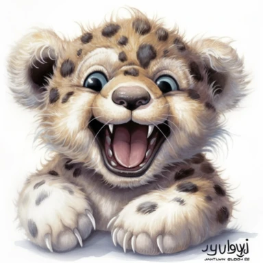 full body of a cute happy smiling baby cub leopard, hello, in the style of jody bergsma, insanely fluffy fur, clipart with white background,32k uhd, hand-painted details, charming character illustrations, amazing colours combo ,aquarellist, hd , how beautiful and cute it is,white background clipart