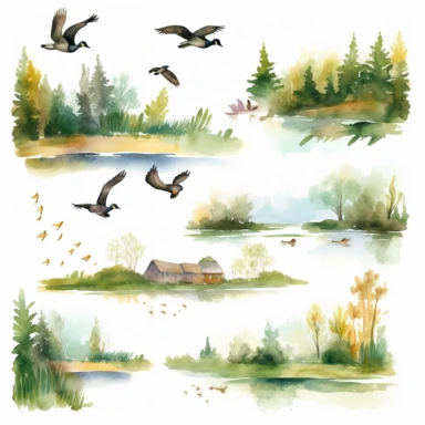 watercolor hunting scene in forest or fields with lake in vicinity where duck flocks take off in numbers , illustrations clipart set, simple, , cartoon elements ,different variants , natural elements, separate elements with a margin, ,4k, high resolution, , natural colors, vibrant green tones, birds and ducks