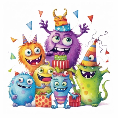 Cute monsters on birthday party clipart for childish cards and books, colorful, illustration style, on white background, detailed, hd