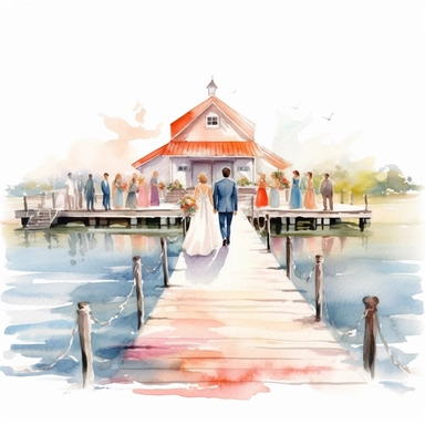 watercolour wedding ceremony on the water, clipart on white background, highly detailed, professional color gradation, clean sharpness