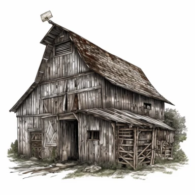 old barn, rustic, clipart, in the style of highly detailed illustrations, white background