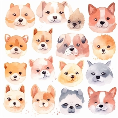kawaii uwu dog heads clipart, separate png, watercolor, single design, 8k