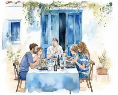 watercolor clipart illustration on white background, greek family eating traditional greek food, terrace of beautiful greek restaurant with blue doors, foliage, high quality pencil texture, muted colors, panasonic lumix s pro 50mm f/ 1. 4, rough clusters, strong use of contrast